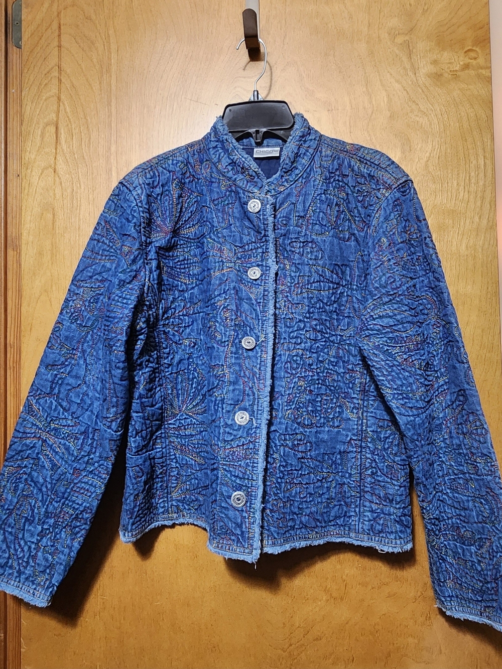 Chico's Quilted Denim Floral Embroidered Button Front Jacket